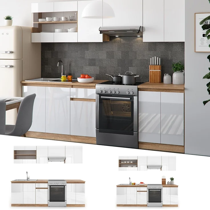 Küchenzeile R-Line Weiß Hochglanz/Weiß 240 cm, AP Sonoma Vicco – Bild 2
