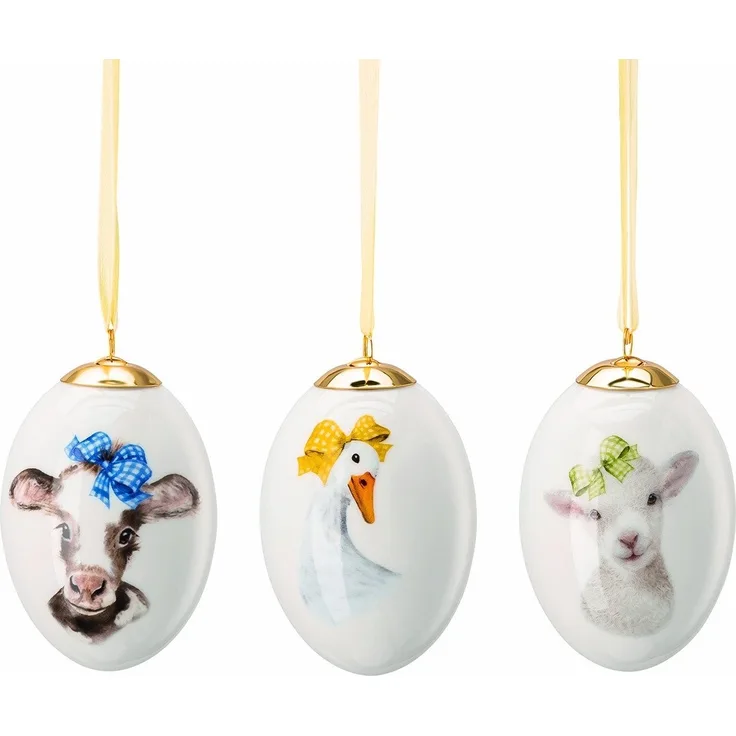 Hutschenreuther Geschenkserie Farm Life Set 3 Porzellan-Eier Osterdekoration Limitierte Geschenkserie aus Porzellan 7cm Kuh, Gans, Lamm mit Schleife Motiv, Weiß
