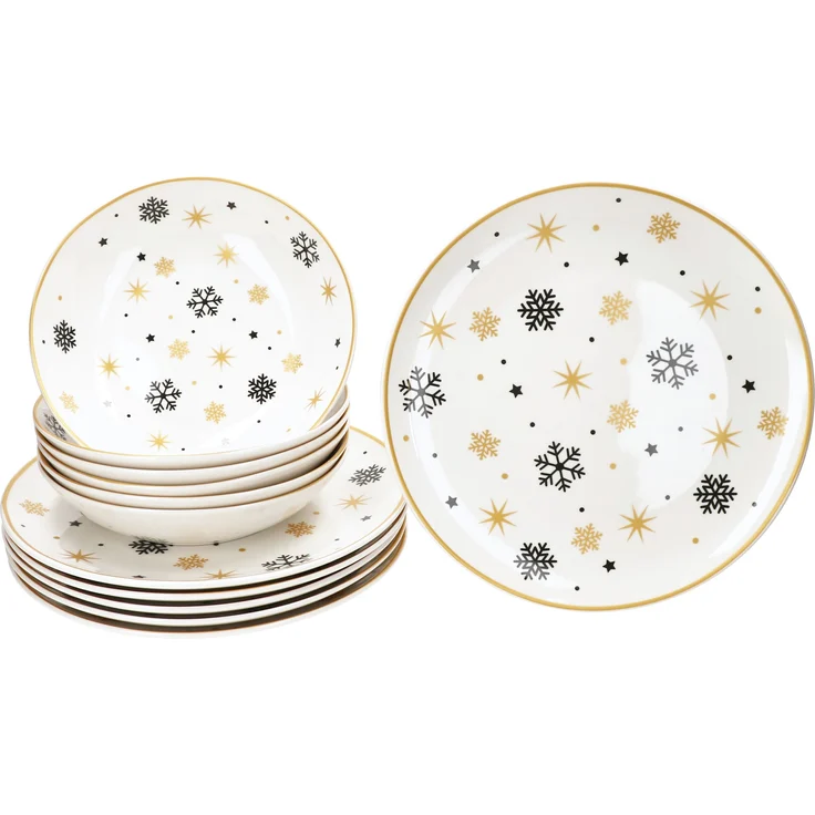 12tlg Tafelservice Stars schwarz gold 6 Personen Essteller Suppenteller Weihnachten – Bild 2