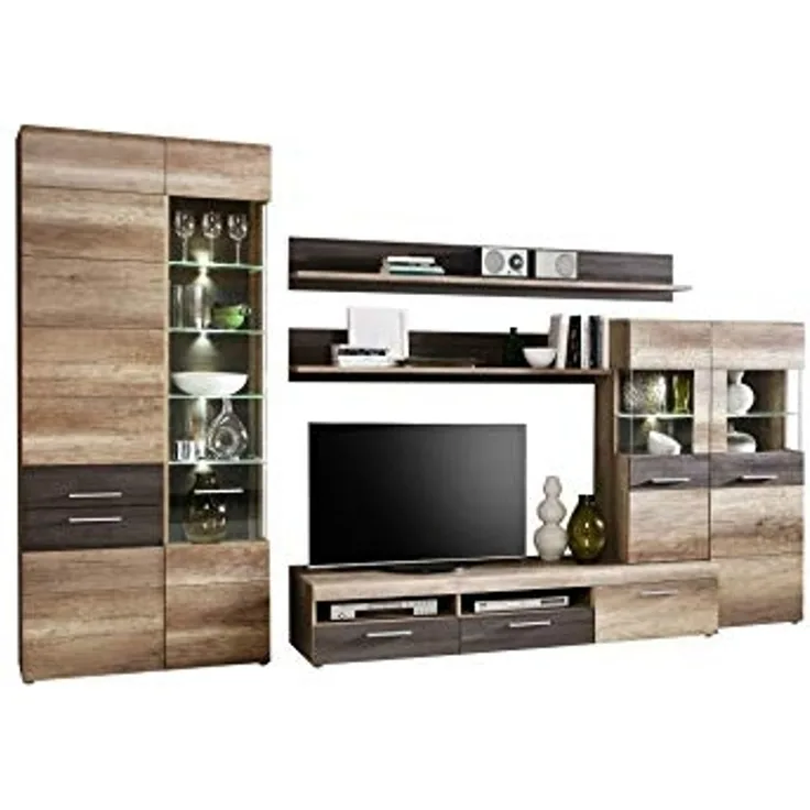 FORTE Nabou Wohnwand, Holzwerkstoff, Braun/Grau/Schwarz, 349 x 206,5 x 51,7 cm