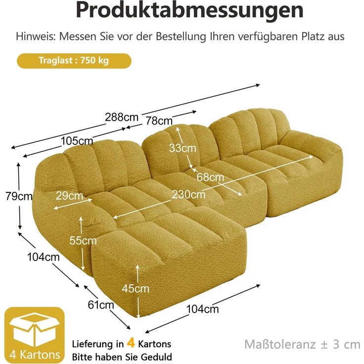EINHOM 3-Sitzer L-förmiges Modulares Sofa mit 1 Ottoman, Boneless Sofa aus 32D Hochdichtschaum, tiefe Sitzfläche, ideal für Wohnzimmer, weicher Stoff, Gelb – Bild 2