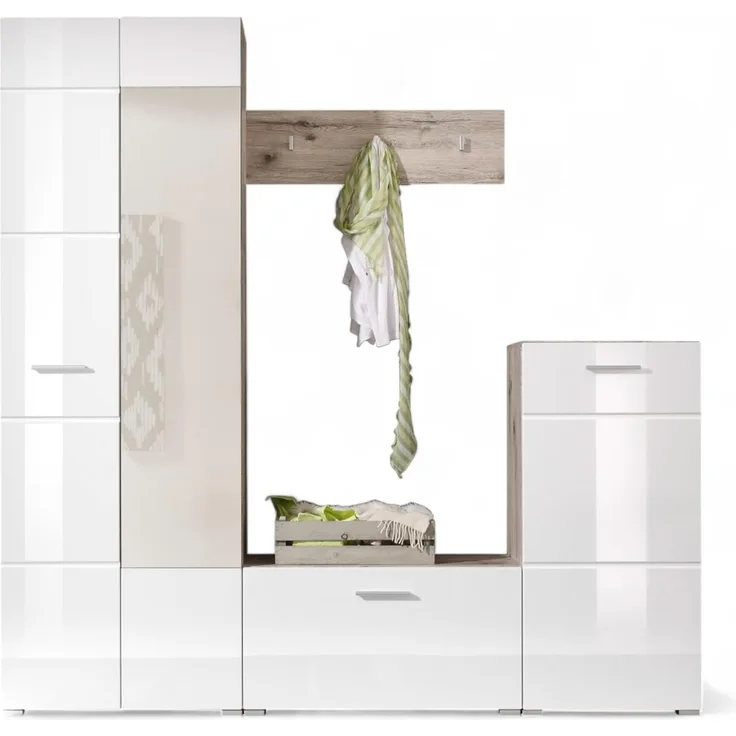 Stella Trading Sixx Flurgarderoben Set in Weiß Hochglanz/Sandeiche Optik - Moderne Kompaktgarderobe 4-teilig für Ihren Eingangsbereich - 195 x 195 x 36 cm (B/H/T)