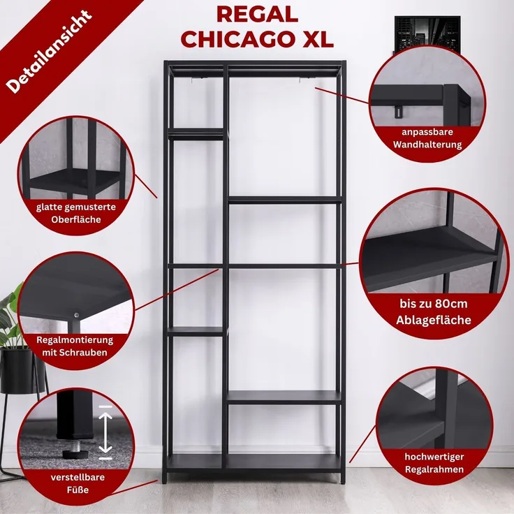 Coemo Regal Chicago XL aus Metall mit 6 Ablageflächen Schwarz