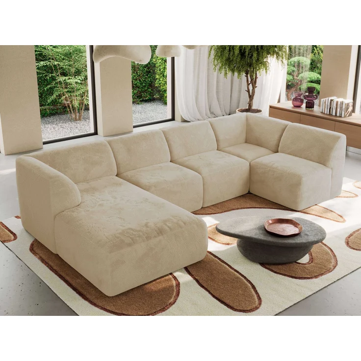 Modulares XXL-Ecksofa MODARO 5M, U-Form, Wohnlandschaft, 5-teilig, freistehend, Wohnzimmer Couch, HR-Schaumstoff - Creme Plüsch - Links – Bild 4