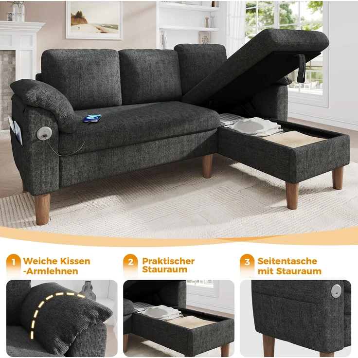 Merax L-förmiges Ecksofa, 3-Sitzer Sofa mit Stauraum-Chaiselongue, links/rechts montierbar, USB/Type-C-Ladeanschluss, Seitentasche, 2 halbfeste Armlehnenkissen, Chenille Stoff, Grau – Bild 6