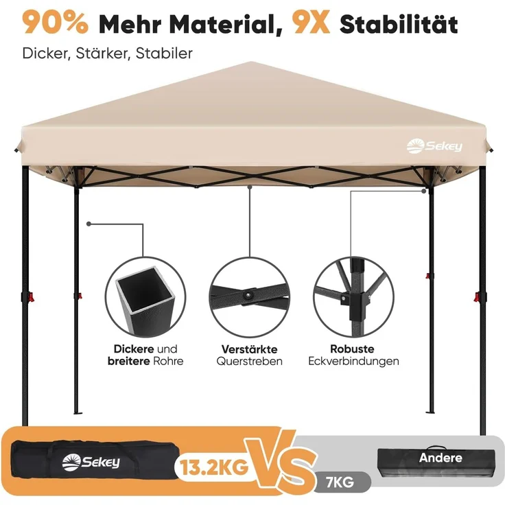 Sekey One-Touch Pop Up Pavillon 3x3 Wasserdicht Stabil Winterfest, Faltpavillon 3x3 m mit Verdickten Röhren, Partyzelt Pavillion Klappbar für Camping Festival Party, Kahki – Bild 3
