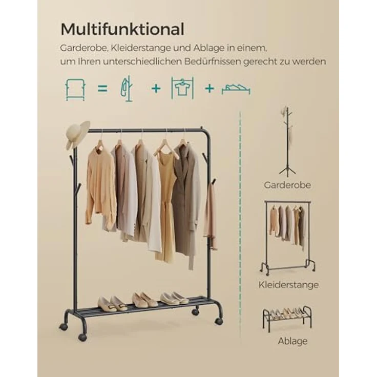SONGMICS Kleiderständer auf Rollen, Kleiderstange, Garderobenstange, Garderobenständer aus Stahlrohren, 103,5 cm breit, multifunktionale Aufbewahrung, tintenschwarz HSR131B01 – Bild 5