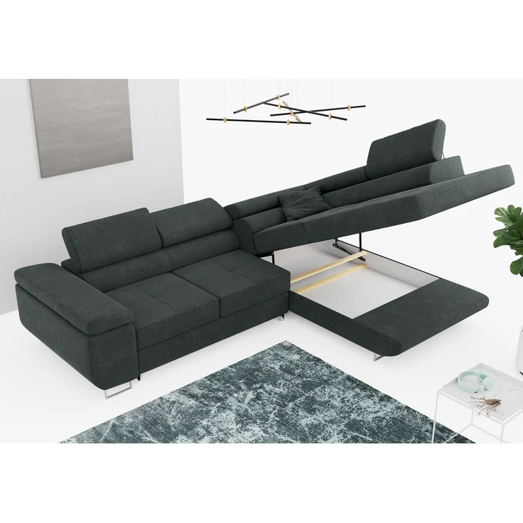 Ecksofa L-Form Couch mit Schlaffunktion und Verstellbare Kopfstützen - GUSTAW - Dunkelgrau Stoff - Rechts – Bild 3