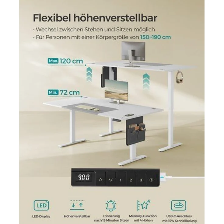 SONGMICS Höhenverstellbarer Schreibtisch elektrisch, 180 x 80 cm, stufenlos verstellbar, Memory-Funktion mit 4 Höhen, USB-C-Anschluss, wolkenweiß-taubengrau – Bild 3