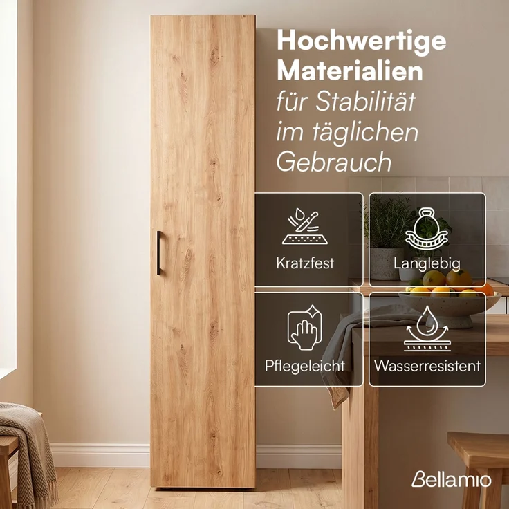 Bellamio 'Apol' Mehrzweckschrank schmal, Eichenoptik, 176x33x40 cm, Besenschrank mit Staubsaugerfach und 3 kleinen Fächern – Bild 3