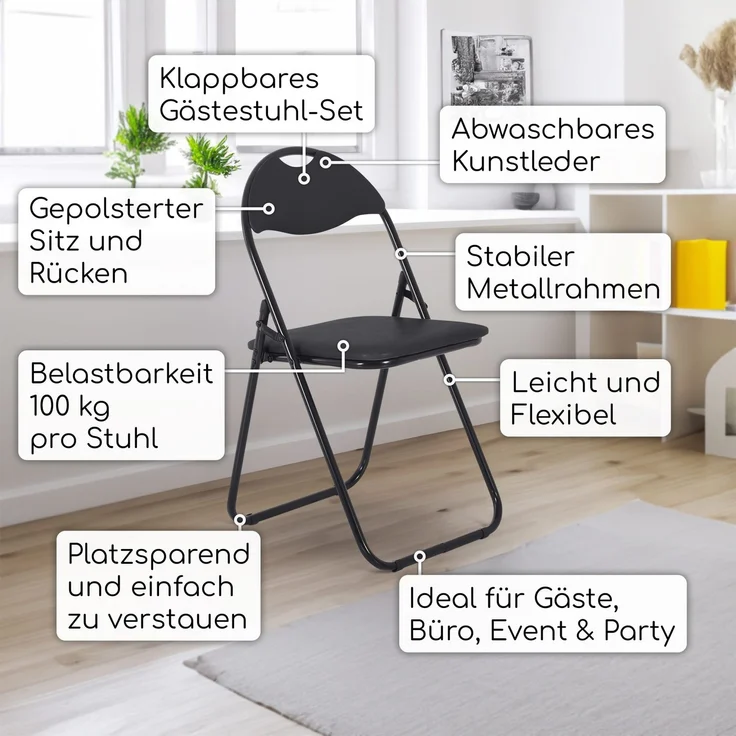 Raburg Gästestuhl 2er Set Paul - in SCHWARZ, stabiles Faltstuhl + Klappstuhl-Set aus Stahl, Soft-Skin Kunstleder, 100 kg belastbar – Bild 2