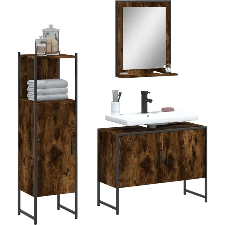 vidaXL 3-tlg. Badmöbel-Set Räuchereiche Holzwerkstoff 3214351 – Bild 1