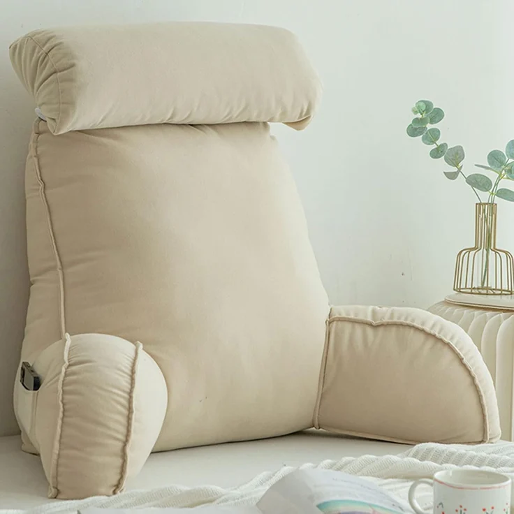 1 Stück – Großes Lesekissen mit Armlehnen, Rückenstütze, abnehmbarer Bezug & Tasche (75×40×58 cm, Beige) – Bild 1