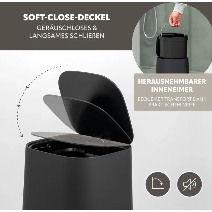 eluno Bad-Set VALONA 5tlg. mit Seifenspender, Becher, Schale, Kosmetikeimer 4,5 Liter und WC-Garnitur aus Kunststoff in Schwarz – Bild 5