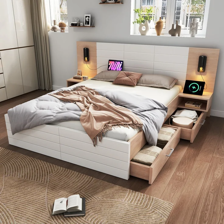 Merax Doppelbett Holzbett 180×200cm mit 2 Schubladen, Kopfteil Leselicht mit USB Ladefunktion, inkl. 2 Nachtkommode, Eiche/Weiß(Ohne Matratze) – Bild 3