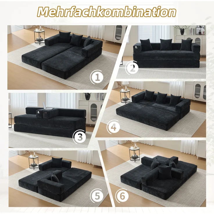LVHOM Schlafsofa 3 sitzer, Klappsofa mit Schlaffunktion, Bodensofa, Schlafcouch aus Chenille-Stoff, frei Kombination, 198x79x60 cm – Bild 3