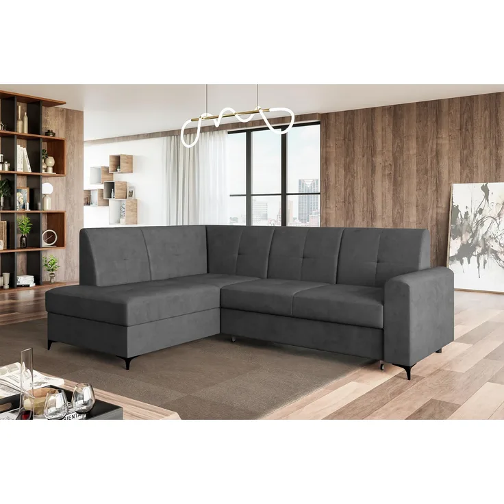MEBLINI Schlafcouch mit Bettkasten - SCANDI - 236x171x85cm Links - Dunkelgrau Samt - Kleines Ecksofa mit Schlaffunktion - Sofa mit Relaxfunktion - Kleine Couch L-Form - Eckcouch