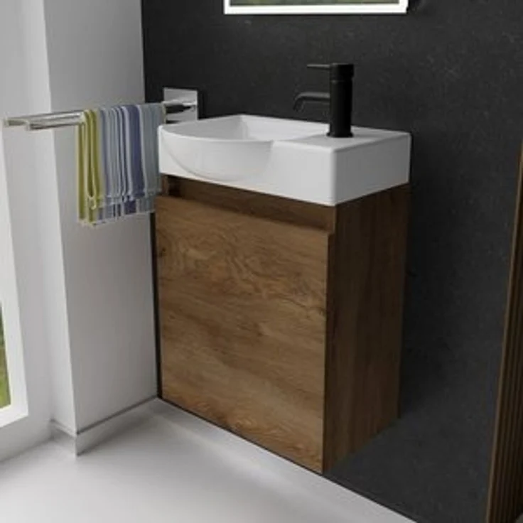 Alpenberger Badmöbel-Set Gäste WC Waschbecken mit Unterschrank - Hängeschrank Vormontiert, (Badschrank 2-tlg, Waschtisch hängend), Waschbeckenunterschrank mit Softclose - Farbe Eiche – Bild 6