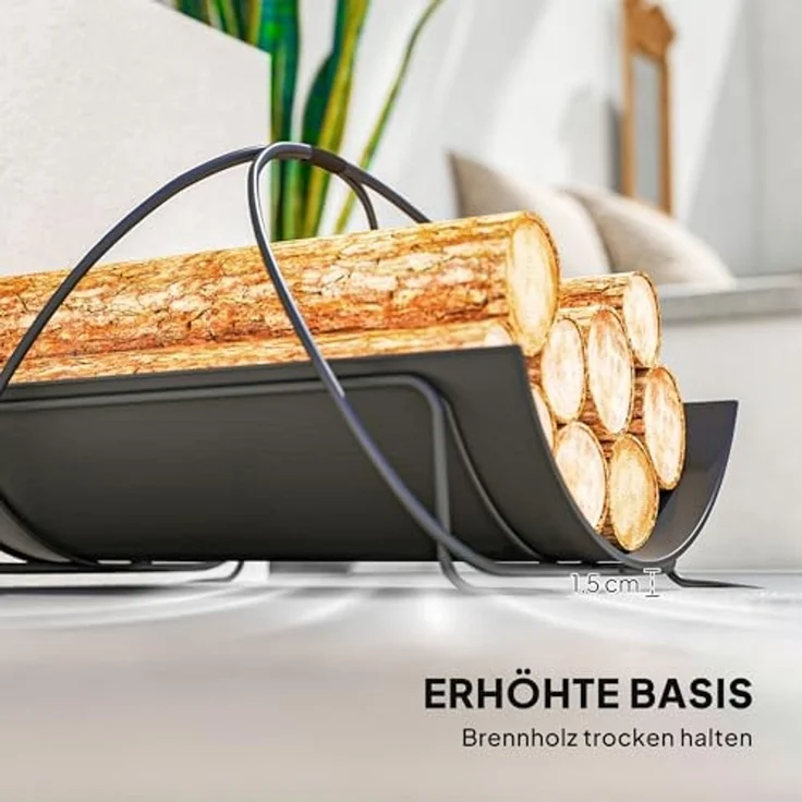 Outsunny Kaminholzregal mit Griff, erhöhte, BxTxH:38x51x33 cm, (Kaminholzständer für innen, 1-St, geometrische Brennholzregal), 51 x 38 x 33cm aus Metall, Schwarz – Bild 5