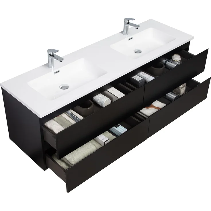 Badplaats Badmöbel Set mit Waschbecken und Unterschrank Angela 160 x 48 cm Schwarz Matt - Waschbeckenunterschrank mit Soft-Close und Doppelwaschbecken, Vorgemontiert – Bild 2