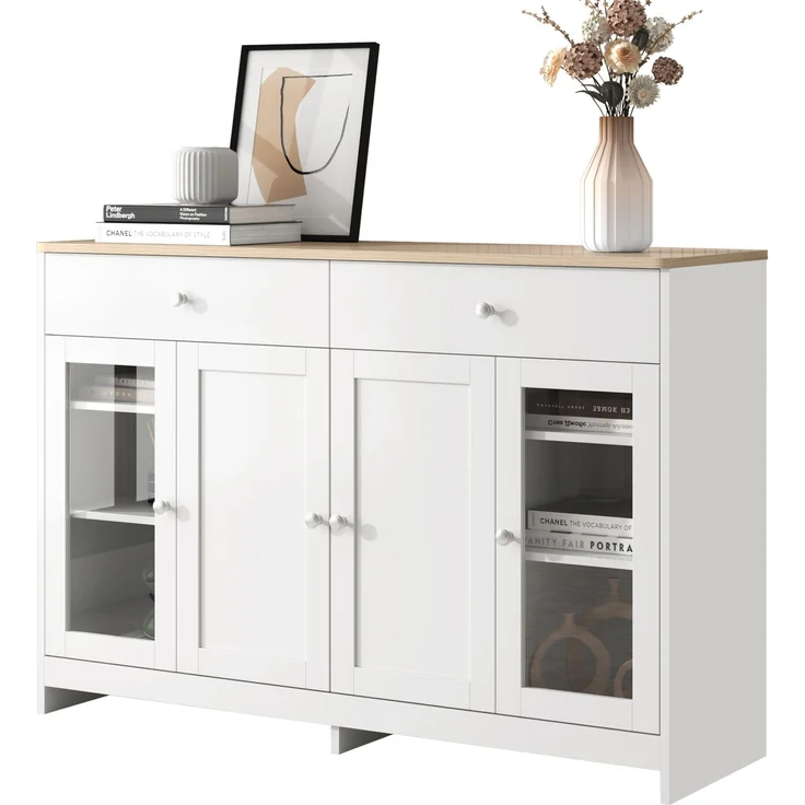 Abrihome Sideboard mit Holzoptik und Glastür im Landhausstil, Weiß, 80x37x120 cm – Bild 3