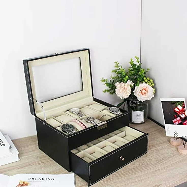 Todeco - Uhrbox, Uhr und Armband Aufbewahrung - Material der Box: MDF - Kissenmaterial: Samt - 20 Uhren mit Schublade und Display, Schwarz/Beige – Bild 3