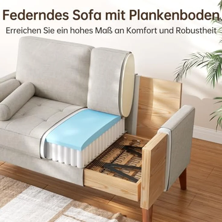 Vesgantti Sofa 2-Sitzer, 121 cm, Stoffcouch, Beigegrau, Couch 2 Sitzer mit 2 Wurfkissen, Kleine Stoffcouch mit Armlehne, Knöpfe Sitzkissen Gästesofa für Wohnzimmer/Wohnung/Büro – Bild 7
