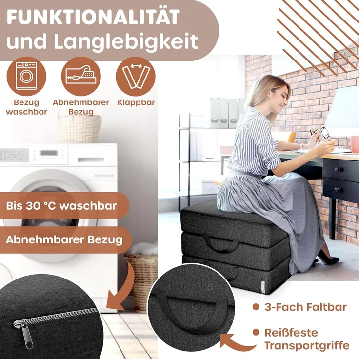 KESSER® Klappmatratze Gästematratze 3-fach Faltmatratze faltbar zum Sitzhocker | Schaumstoff 25kg/m³ extra dick 15cm atmungsaktiv waschbar abnehmbarer Bezug | Matratze inkl. Camping Tragetasche Schwarz, 90 x 200 x 15 cm – Bild 3