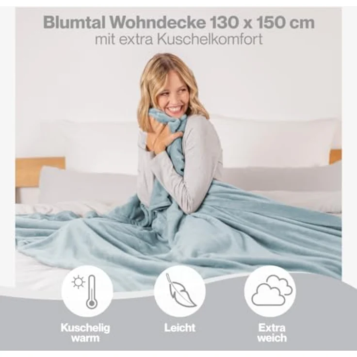 Blumtal Kuscheldecke flauschig - Oeko-TEX zertifizierte Fleecedecke 130x150 cm - Wohndecke 130x150 cm - Decke Couch als Wohn- & Kuscheldecke - Flauschdecke - Wohndecke Kuscheldecke 130x150 cm Hellbau – Bild 5