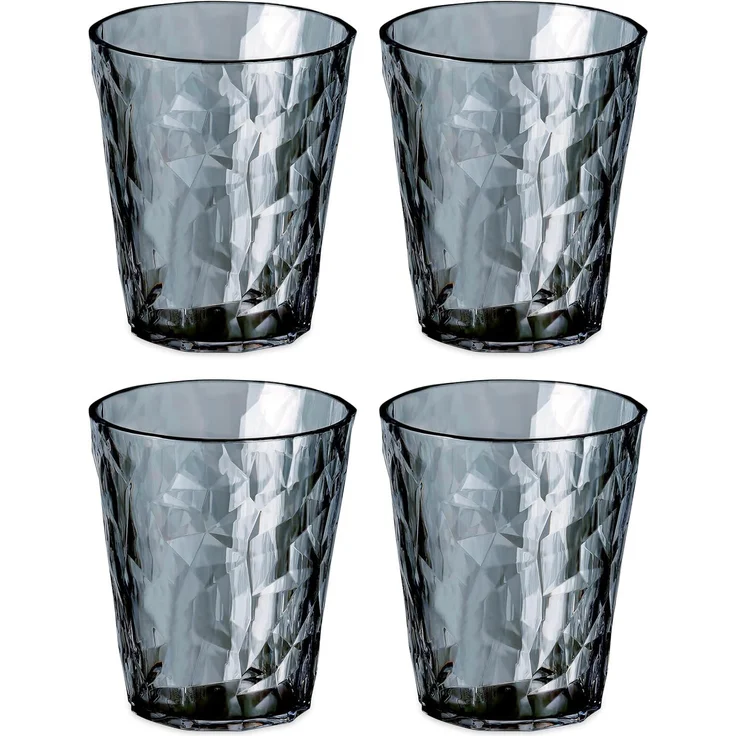 koziol Superglas Club No. 1, 4 Stück, 250 ml, Wasserglas aus kristallklarem Kunststoff, luxuriös, unzerbrechlich, wiederverwendbar, Party, Camping, 4er Set (Transparent Grau)