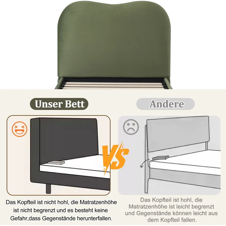 Kinder-Polsterbett aus Samt mit hydraulischem Stauraum, 90x200 cm, Grün, ohne Matratze – Bild 7