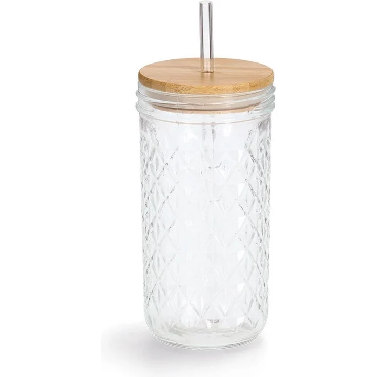 ZELLER 19648 Trinkglas mit Bambusdeckel und Glasstrohhalm, Ø 8,9 x 16,4 cm – Bild 1