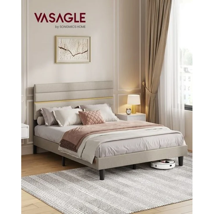 VASAGLE Bettgestell, Doppelbettgestell, passend für 140 x 200 cm Matratze, verstellbares gepolstertes Kopfteil, modern, beige – Bild 2