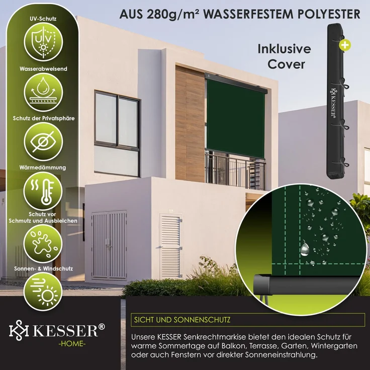 KESSER® Senkrechtmarkise Außenrollo Handkurbelmechanismus Balkonrollo Sonnen-und Sichtschutz, Beschattung Sonnenschutz Außen Rollo mit Kurbel Markisenkasten, Balkon und Terrasse 140x250 cm, Dunkelgrün – Bild 6