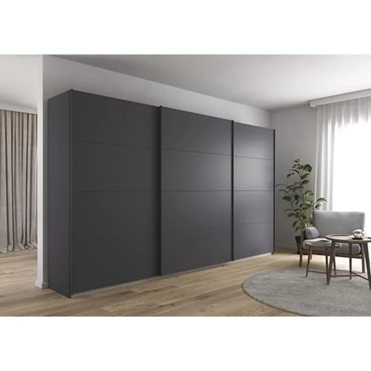Rauch Möbel Kulmbach, Kleiderschrank mit Schwebetüren für Schlafzimmer, Kinderzimmer, Jugendzimmer, Garderobe, Flur, 3-türig, Zubehör Classic, Farbe Grau metallic, Schwarz, Breite 360 cm – Bild 2