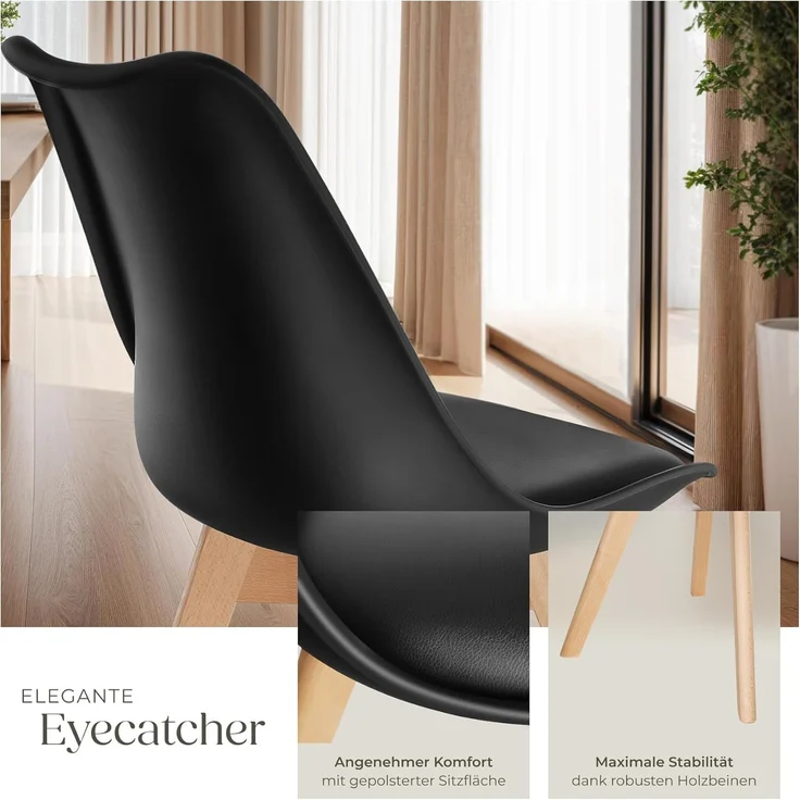 tectake Esszimmerstuhl Küchenstuhl Scandi-Design, gepolsterte Sitzfläche, 49 x 53 x 82 cm (Polsterstuhl Frederikke in schwarz, 6 St), ergonomische Form, massive Holzbeine, bodenschonende Filzgleiter – Bild 6