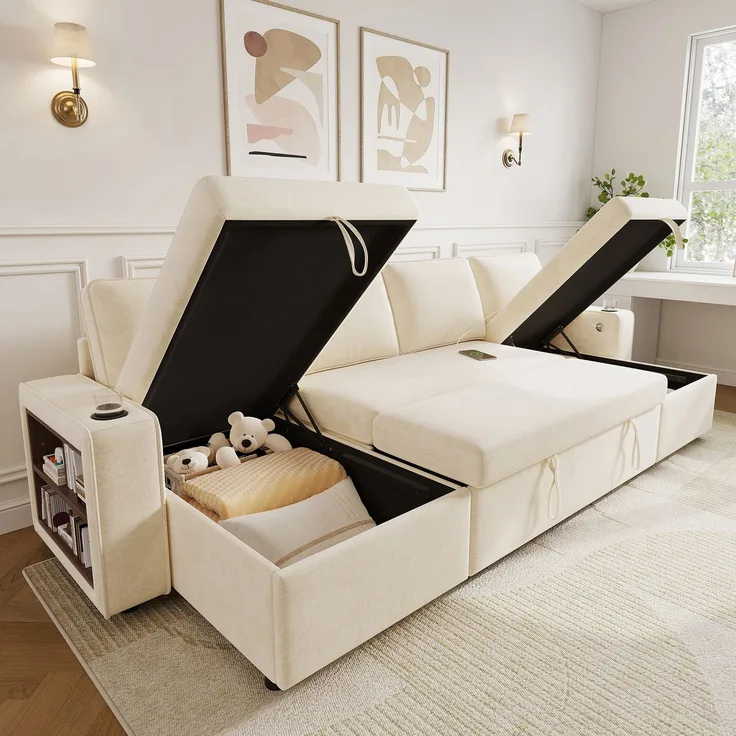 Merax U‑förmiges Ecksofa mit Schlaffunktion, ausziehbares Schlafsofa, integrierter Stauraum, doppelte Chaiselongue mit verstecktem Stauraum, Becherhalter, USB‑Ladeanschluss und Armlehnen‑Ablage, Beige