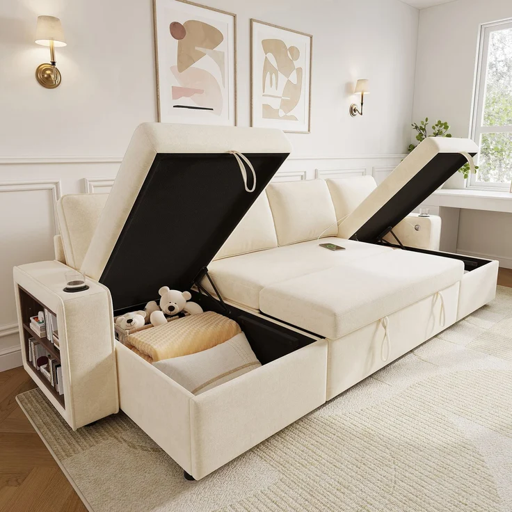 Merax U‑förmiges Ecksofa mit Schlaffunktion, ausziehbares Schlafsofa, integrierter Stauraum, doppelte Chaiselongue mit verstecktem Stauraum, Becherhalter, USB‑Ladeanschluss und Armlehnen‑Ablage, Beige – Bild 1