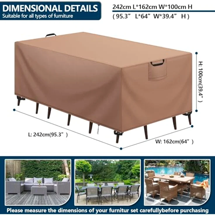 Aujink Abdeckung Gartenmöbel Winterfest, Wasserdichte Schutzhülle Gartenmöbel 420D Oxford Anti-UV Abdeckplane für Gartentische Terrassenmöbel Regenschutz und Staubfest Abdeckhaube Khaki 242 x 162 x 100 cm – Bild 3