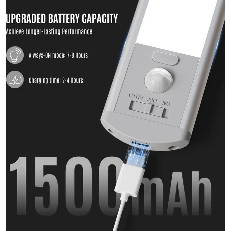 LQWELL LED Unterbauleuchte mit Bewegungsmelder, Dimmbar, Akku, USB-C Wiederaufladbar Schranklicht, LED fest integriert, Treppenlicht, Nachttischlampe 32 cm, 1800 mAh, für Küche, Kleiderschrank, Schlafzimmer – Bild 4