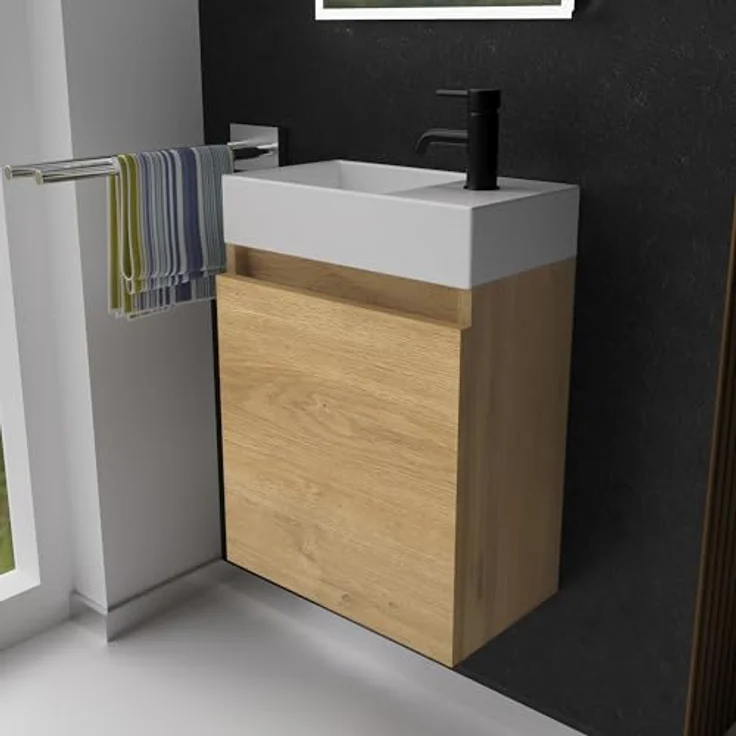 Alpenberger Badmöbel-Set Gäste WC Waschbecken mit Unterschrank - Badschrank Hängend, (2-tlg. Waschtisch Set Eiche Natur, Waschbeckenunterschrank mit Softclose), Waschplätze für Kleine Bäder - Badschrank Hängend und Vormontiert – Bild 2