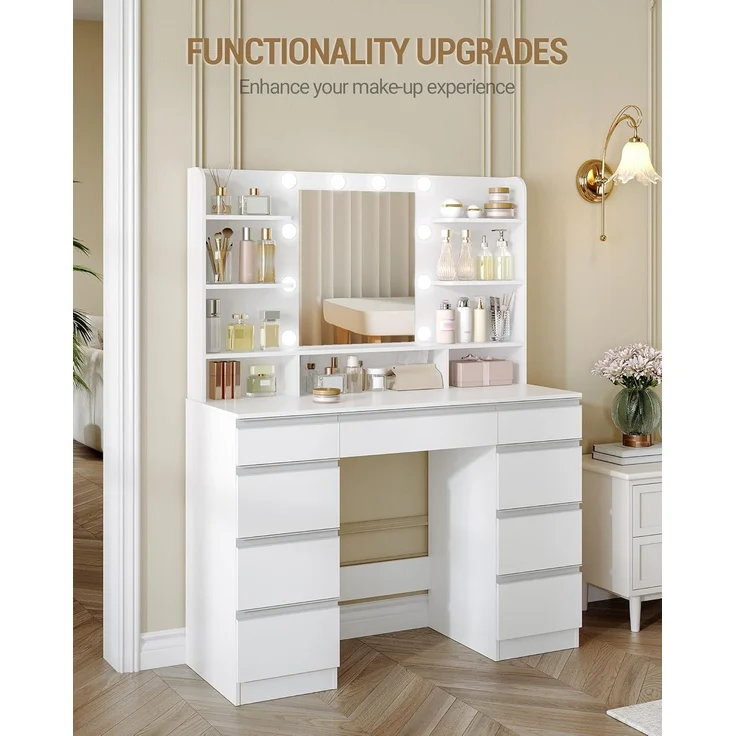 Hzuaneri Schminktisch, mit LED-Beleuchtung, Spiegel, Weiß & Silber, 40x108x140 cm – Bild 6