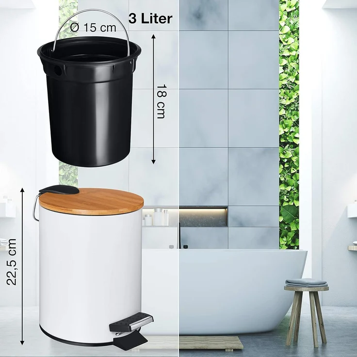 VMbathrooms 3L Kosmetikeimer in edlem weißem Design | Tretmülleimer mit Absenkautomatik (Soft Close) | Eleganter Eimer fürs Bad mit Innenbehälter und Bambus-Holzdeckel – Bild 3