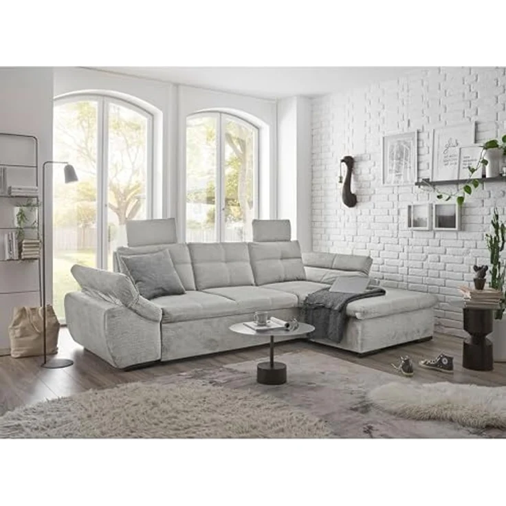 Stella Trading ALIJA Ecksofa mit Schlaffunktion in Silber-Moderne Eckcouch mit Bettkasten und verstellbaren Armlehnen, Holzwerkstoff, Rechts – Bild 4