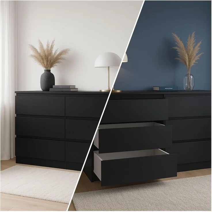 CDF Kommode Schwarz mit 6 Schubladen 40 cm Tief Komodenschrank Komode für Wohnzimmer Schlafzimmer Schubladenschrank Malm Kommode viel Stauraum Geeignet Organizer Kleidung 138 cm Breite Modern Look – Bild 3