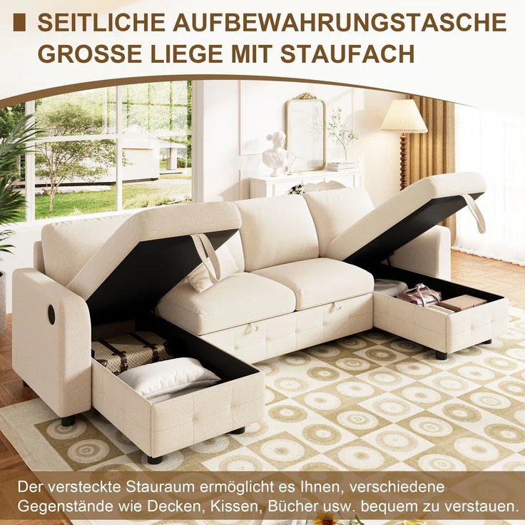 Merax U-Form Chenille Sofa mit Schlaffunktion, Schlafsofa mit 2 Stauraum-Chaiselongues, ausziehbares Schlafsofa mit 1× USB & 1× Type-C Ladeanschluss, mit 2 Kissen, Beige, 260×128×82 cm – Bild 7