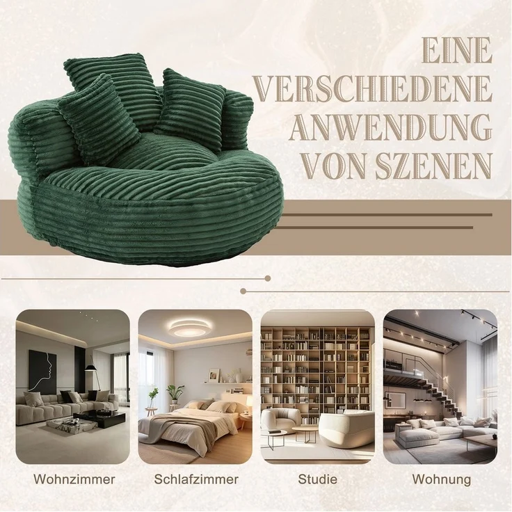 LVHOM Sitzsack 108x108x52cm Chenille Premium Sofa mit 3 extra Kopfkissen (Kuschelig & Atmungsaktiv, Einzelsitzer-Lounge, komplett komprimiert geliefert. Perfekt für Ruhe, Lesen, Gaming & Nickerchen. Ideal für Wohnzimmer, Schlafzimmer, Spielzimmer & Off... – Bild 3