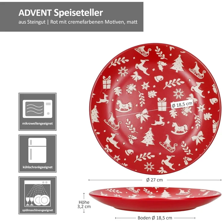 MamboCat Speiseteller 6er Set Advent Speiseteller Ø27cm Steingut Rot Weihnachten Essteller – Bild 6