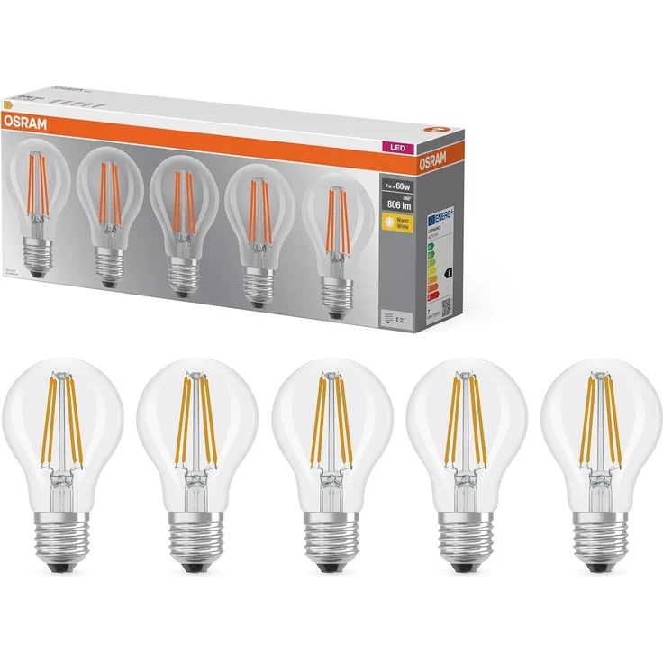 OSRAM LED-Lampe Filament Base A60 Kolbenform 7W 827, 2700K warmweiß, E27, klar, 806 lm, stoß- vibrationsfest – Bild 1