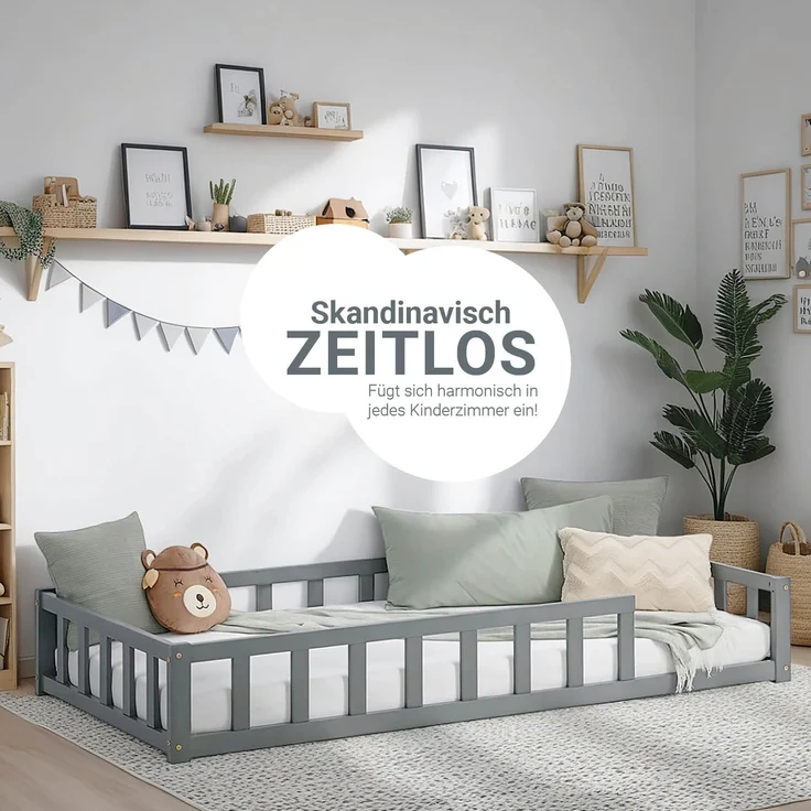 Kinderbett 90x200 mit Matratze Bodenbett mit Rausfallschutz Grau Montessori Bett Kleinkindbett Holz Kiefer Massiv – Bild 5